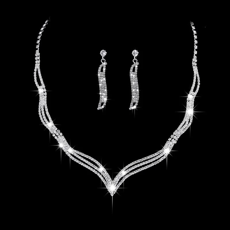 Bridal Jewelry Set Glamorous Crystal Rhinestones Necklace Earrings Silver Plated For Brides