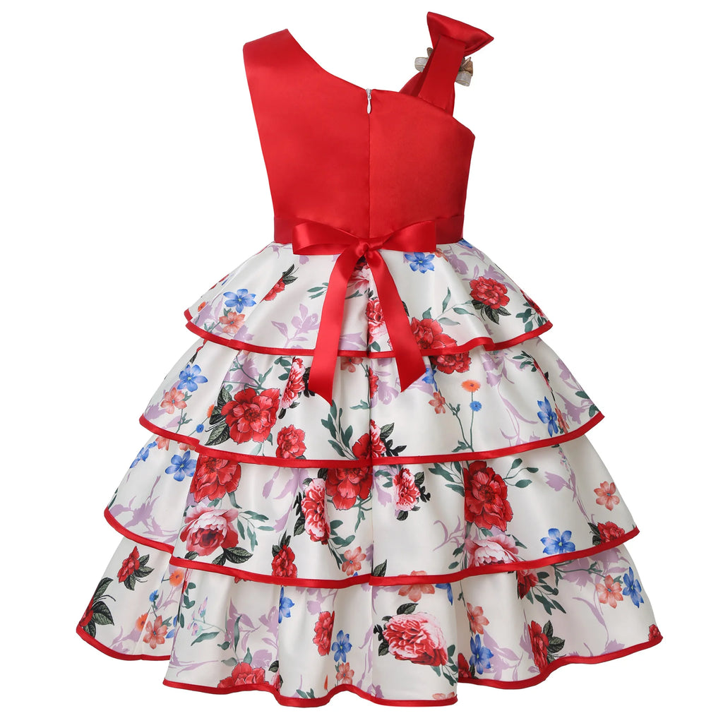 HETISO Floral Girl Dress Flower Printed Layered Princess Dresses for Girls Party Wedding Summer Dress Children's Clothing 6 8 10