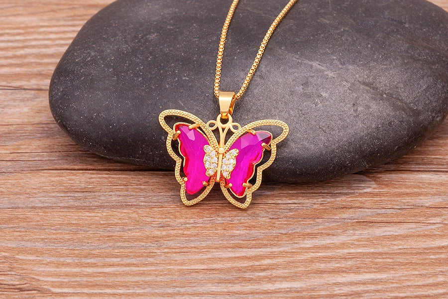 Nidin Top Quality Austrian Crystal Zircon 10 Colors Butterfly Pendant For Women Female Colorful Animal Necklace Jewelry Gifts