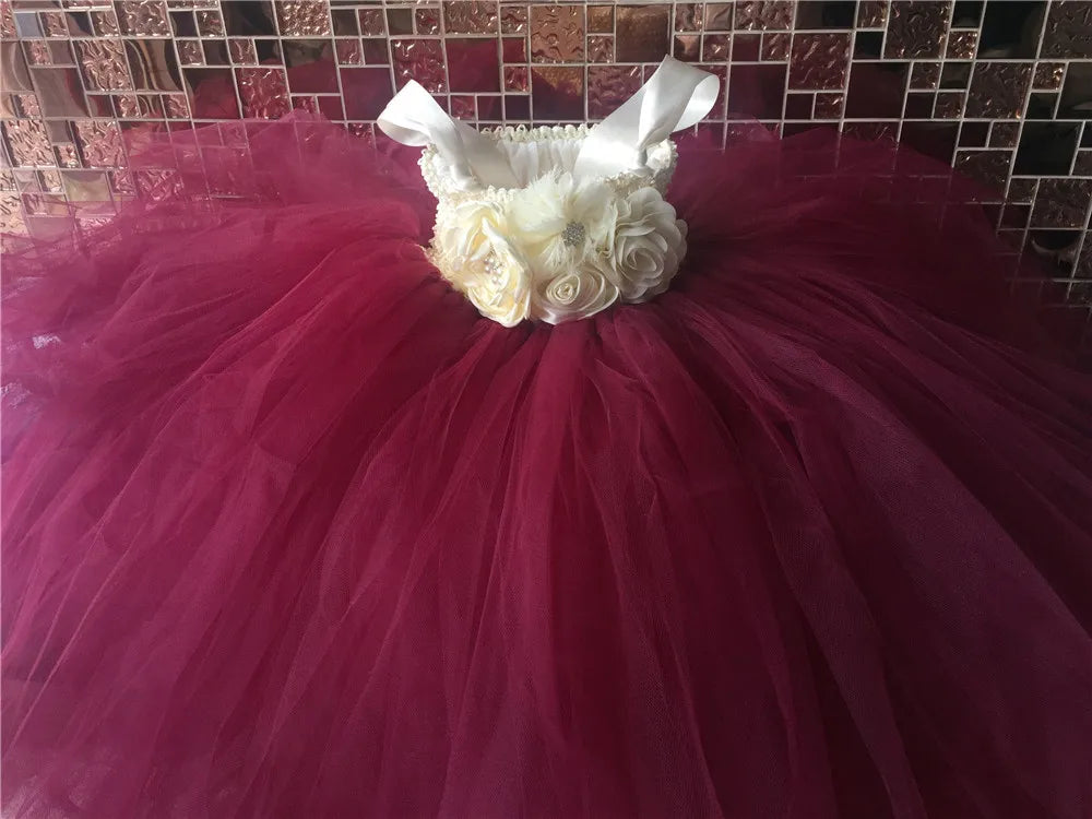 Lovely Girls Dirty Pink Tutu Dress Kids Crochet Flower Dress with Straps and Roses Children Birthday Party Cosplay Costume Dress