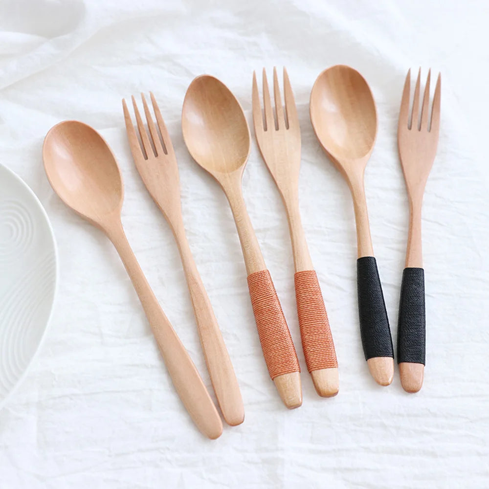 2 Cucharas y Tenedores de Madera Natural para Cena, Kit de Utensilios para Arroz, Sopas, Cereales, Hecho a Mano, Vajilla para Mesa de Hogar, Cubiertos para Cocina