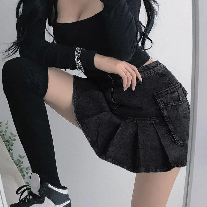 AltGoth Harajuku Y2k Denim Skirt Women Dark Gothic Streetwear Mini Skirt with Skull Belt Mall Goth Punk Grunge Sexy Emo Clubwear