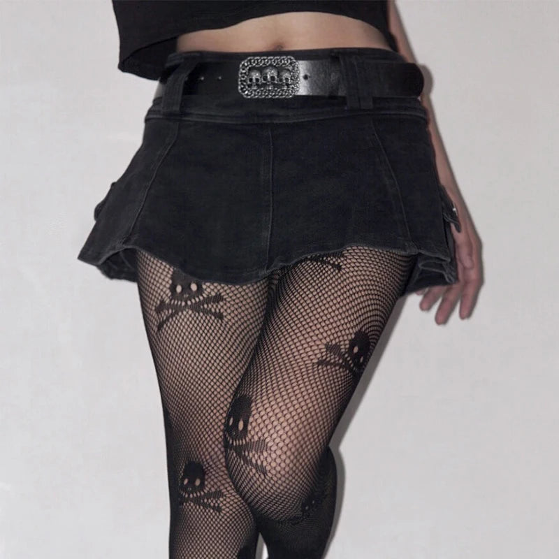 AltGoth Harajuku Y2k Denim Skirt Women Dark Gothic Streetwear Mini Skirt with Skull Belt Mall Goth Punk Grunge Sexy Emo Clubwear