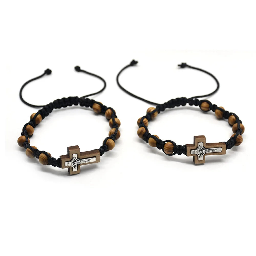 Cross Bracelet Pine Wood Beads Beaded Hand Woven Bracelet Man Woman Charm Bracelet Religious Jewelry