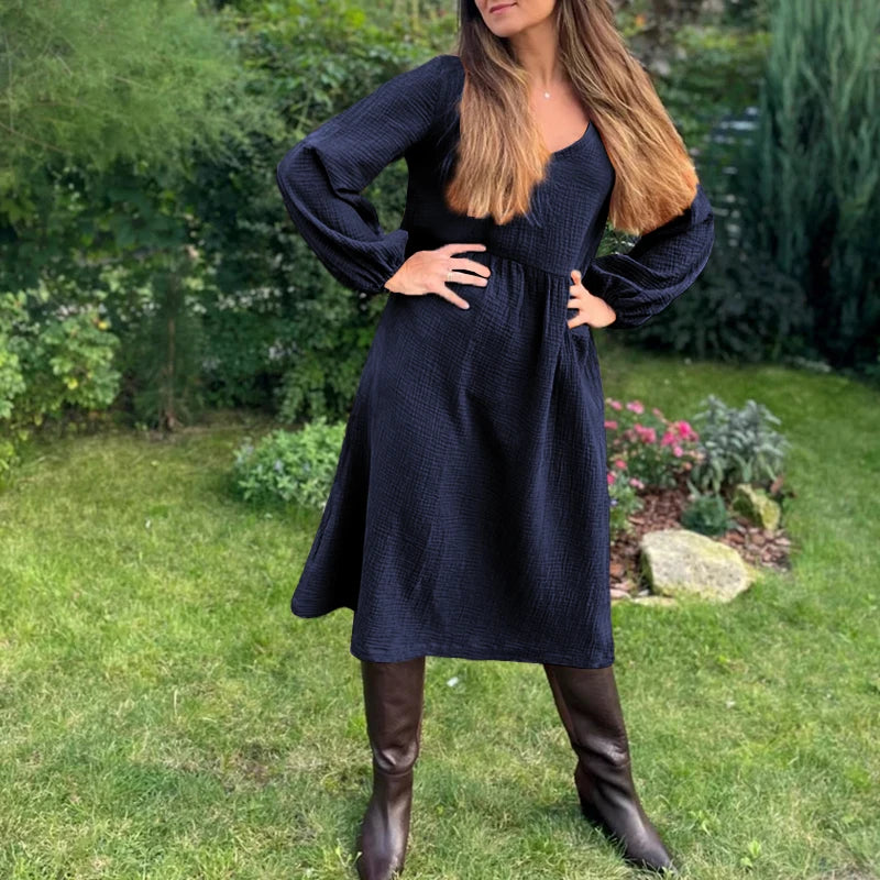Casual 100% Cotton Women'S Dresses Muslin Sexy V-Neck Long Sleeve Elegant Maxi Dress Midi Robe Female Clothing