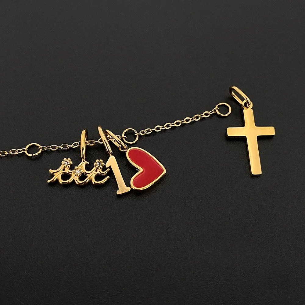 Emanco Gold Color Stainless Steel Necklace Romantic Style Heart Cross Zircon Elements Occasion Trendy Statement Jewelry