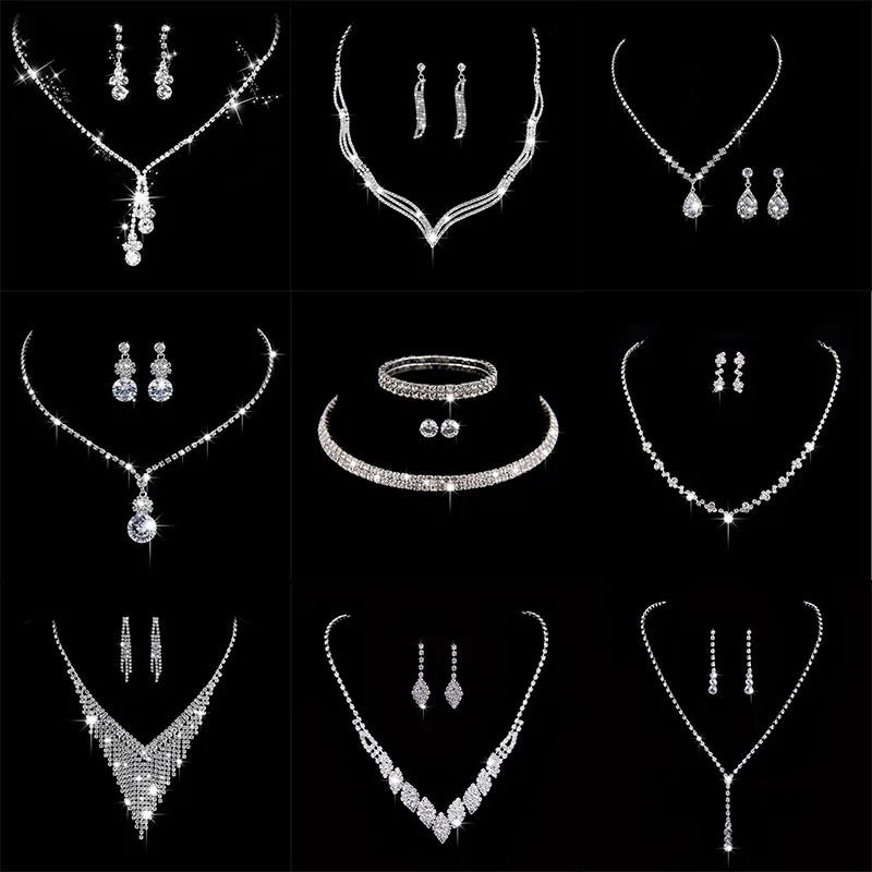 Fashion Crystal Bride Jewelry Set Rhinestone Silver-Plated Wedding Dress Banquet Necklace Earring Set Ladies
