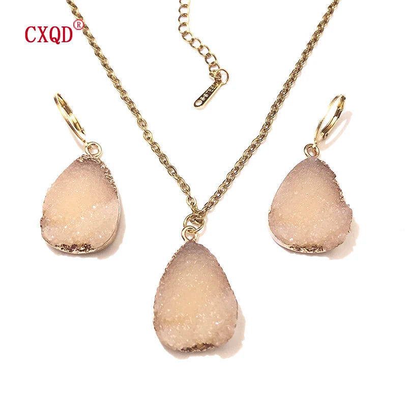 Fashion Cute Lady Water Drop Stainless Steel Resin Pendant Earring Necklace Combination Sweet Multicolor Girl Jewelry Party Gift