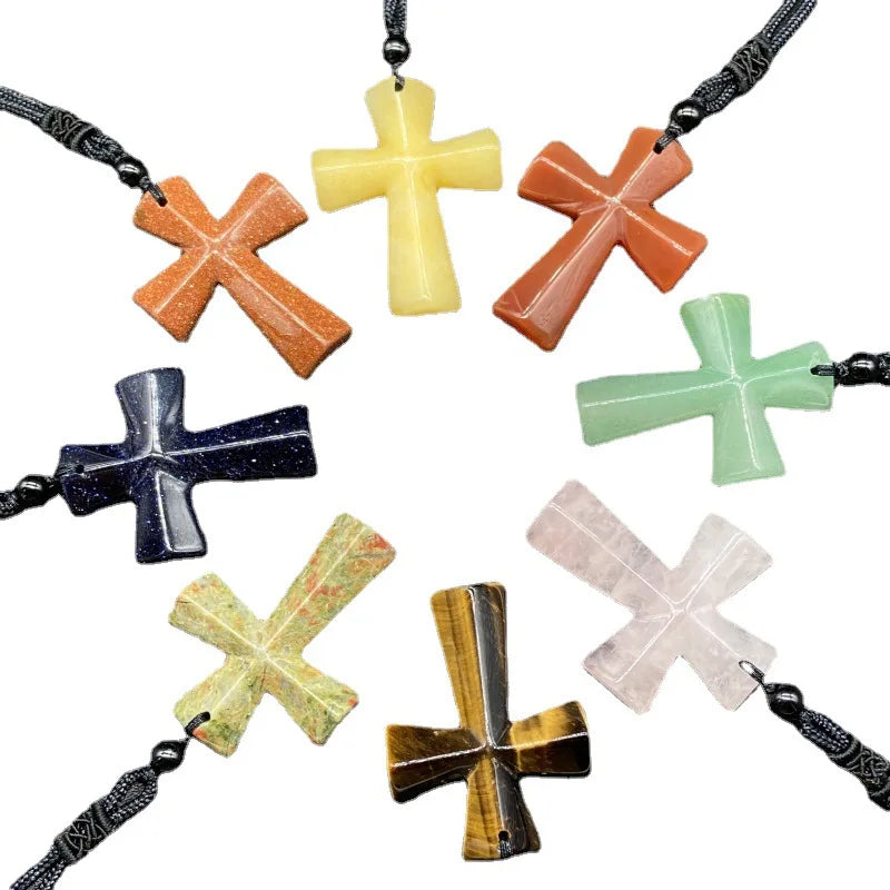 Joya Hand Carved Gemstone Cross Pendant Necklace For Men & Women'S With Adjustable Rope Quartz Crystal Jesus Punk Jewelry