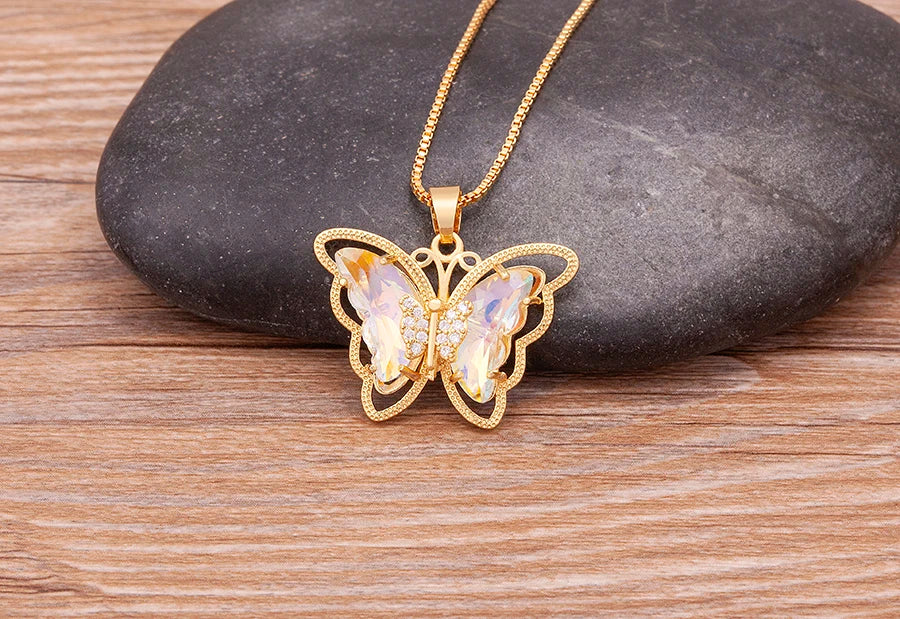 Nidin Top Quality Austrian Crystal Zircon 10 Colors Butterfly Pendant For Women Female Colorful Animal Necklace Jewelry Gifts