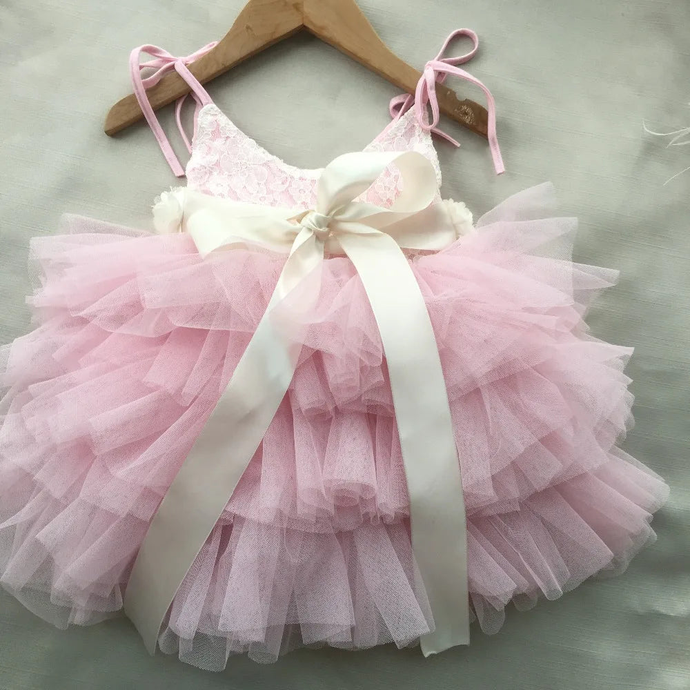 New Born Baby Girls Birthday Dress for Kids Flowers Girls Party Tutus Costume Belt Headband 3pcs Outfit Set Princess Vestidos