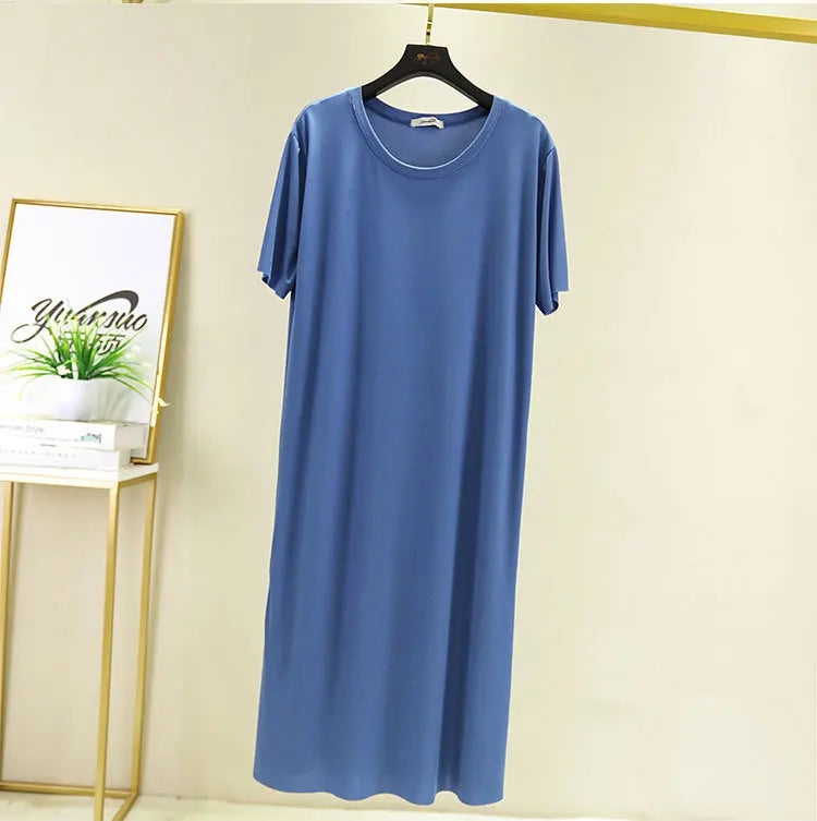 Fresh candy color night dress women new ice silk cotton summer nightshirt casual loose nightgowns student's sleepwear dresses