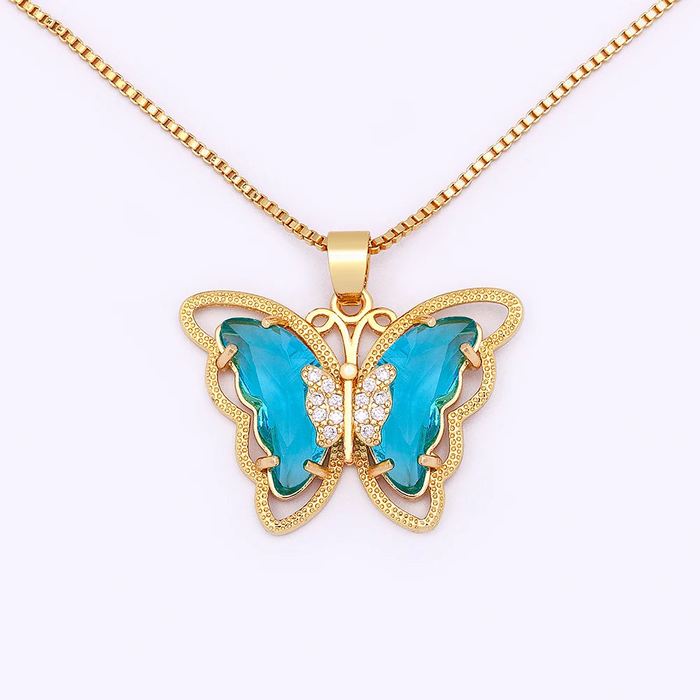 Nidin Top Quality Austrian Crystal Zircon 10 Colors Butterfly Pendant For Women Female Colorful Animal Necklace Jewelry Gifts