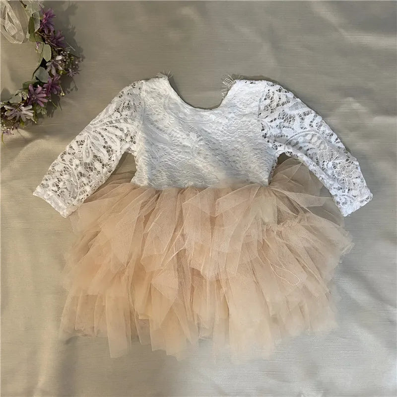 Toddler Girl Ruffles Bridesmaid Dress for Kids Lace Open Back Long Sleeve Tutus Flowers Girls Wedding Costume Clothing