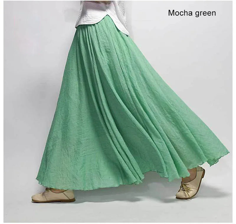 Women's Elegant High Waist Linen Maxi Skirt 2026 Summer Ladies Casual Elastic Waist 2 Layers Skirts Saia Feminina 20 Colors SK53