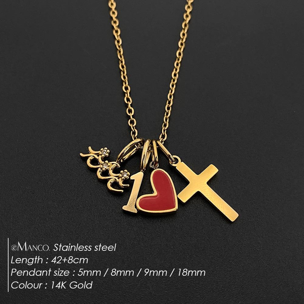Emanco Gold Color Stainless Steel Necklace Romantic Style Heart Cross Zircon Elements Occasion Trendy Statement Jewelry