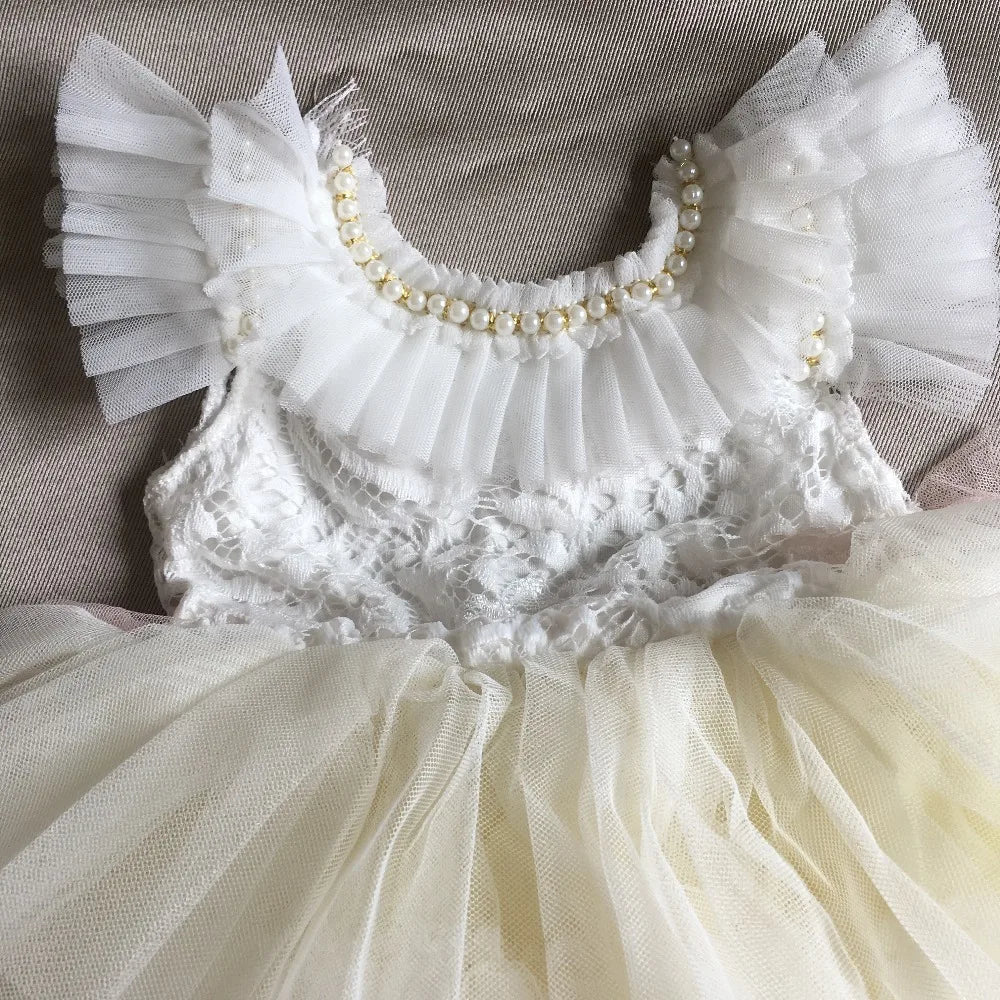 Spanish Toddler Girls Beading Dress for Baby Baptism Dress Birthday Kids Flutter Sleeve Tutu Princess Vestido Clothing