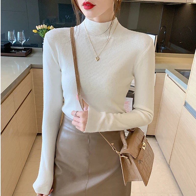 AOSSVIAO Turtleneck Sweater Women Fashion 2026 New Stretch Tops Women Knitted Pullovers Long Sleeve Bottoming Knitted Sweater
