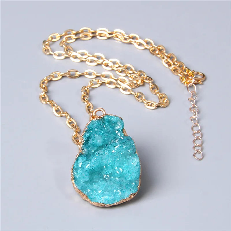 Metal chain healing energy necklace for women Dyed Natural crystal agat druzy crystal Minerals gem stone pendant charm necklace