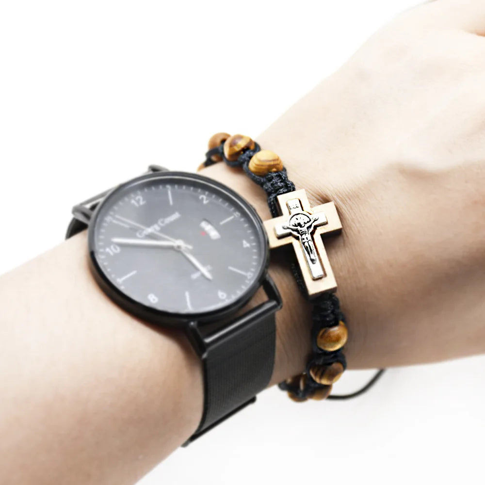 Cross Bracelet Pine Wood Beads Beaded Hand Woven Bracelet Man Woman Charm Bracelet Religious Jewelry