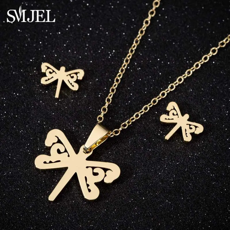 Hermoso juego de joyas de acero inoxidable con forma de gato gatito de color dorado, collares para hombre, collares de moda, pendientes de gato huecos, collar de pata