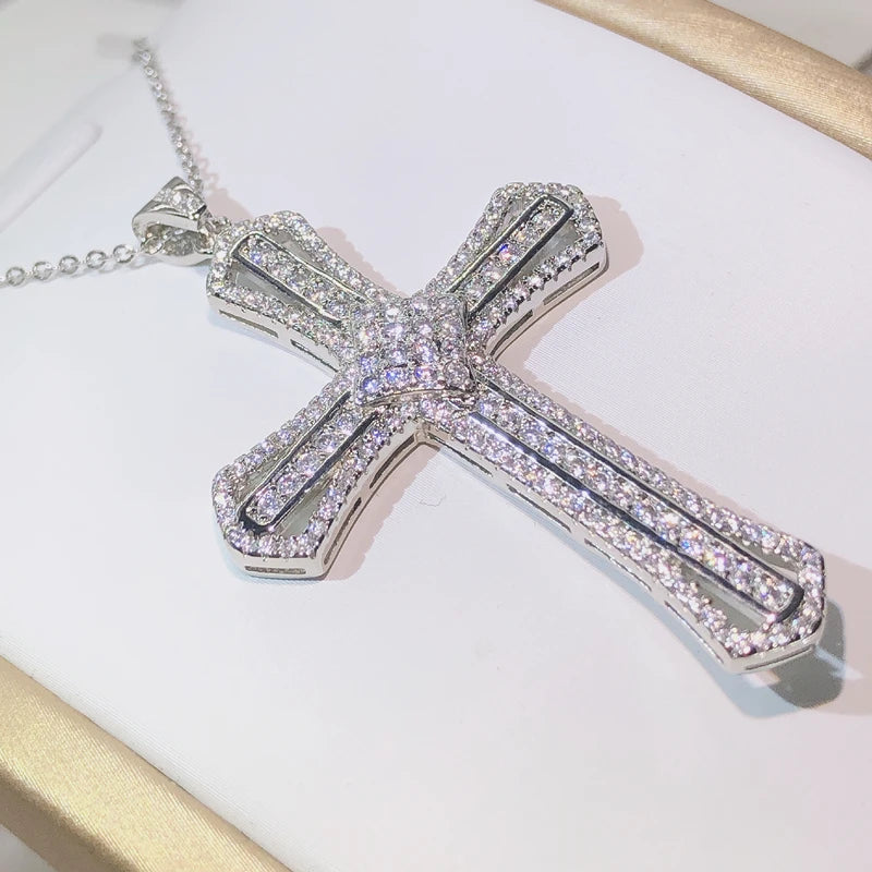 925 Silver Zircon Cross Long Chain Statement Necklace