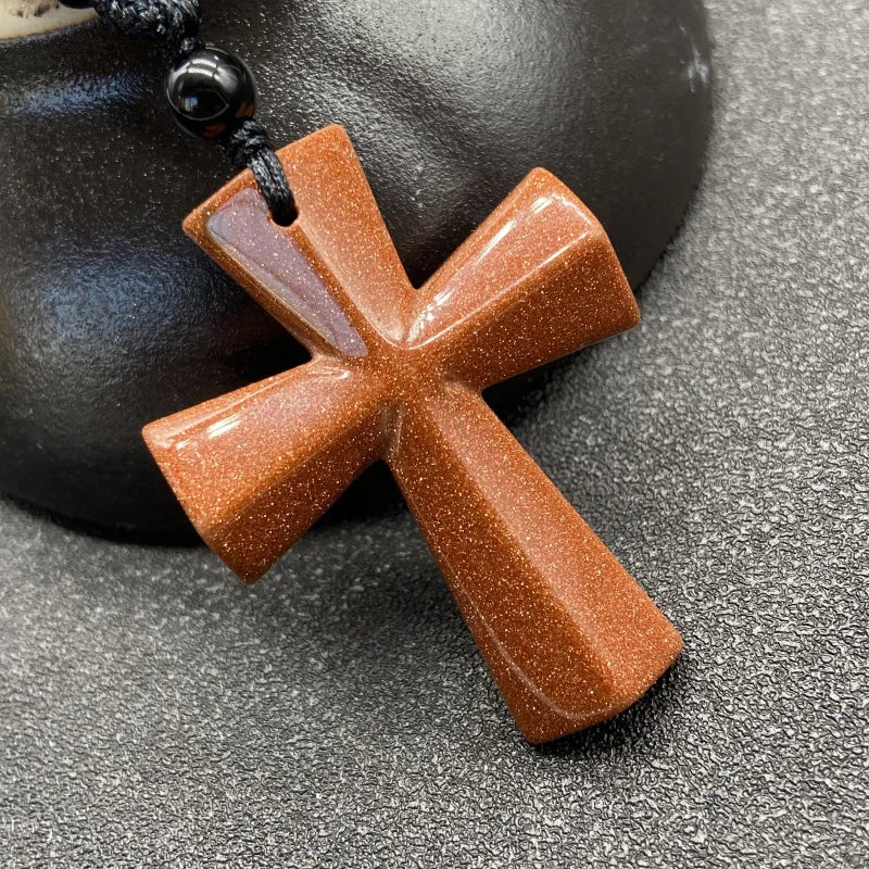 Joya Hand Carved Gemstone Cross Pendant Necklace For Men & Women'S With Adjustable Rope Quartz Crystal Jesus Punk Jewelry