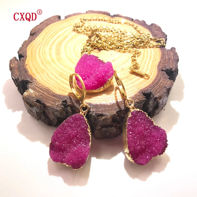 Fashion Cute Lady Water Drop Stainless Steel Resin Pendant Earring Necklace Combination Sweet Multicolor Girl Jewelry Party Gift