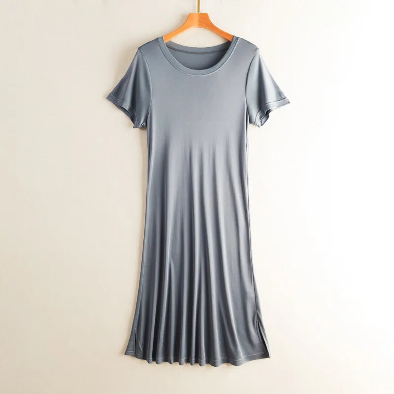 Knitted Silk Dress Solid Color Large Medium Long Mulberry Silk Short Sleeve Round Neck Bottomed Skirt