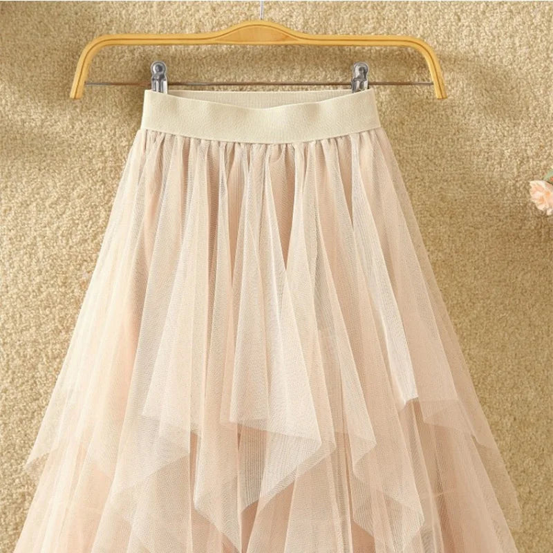 Women irregular Tulle Skirts Fashion Elastic High Waist Mesh Tutu Skirt Pleated Long Skirts Midi Skirt Saias Faldas Jupe Femmle