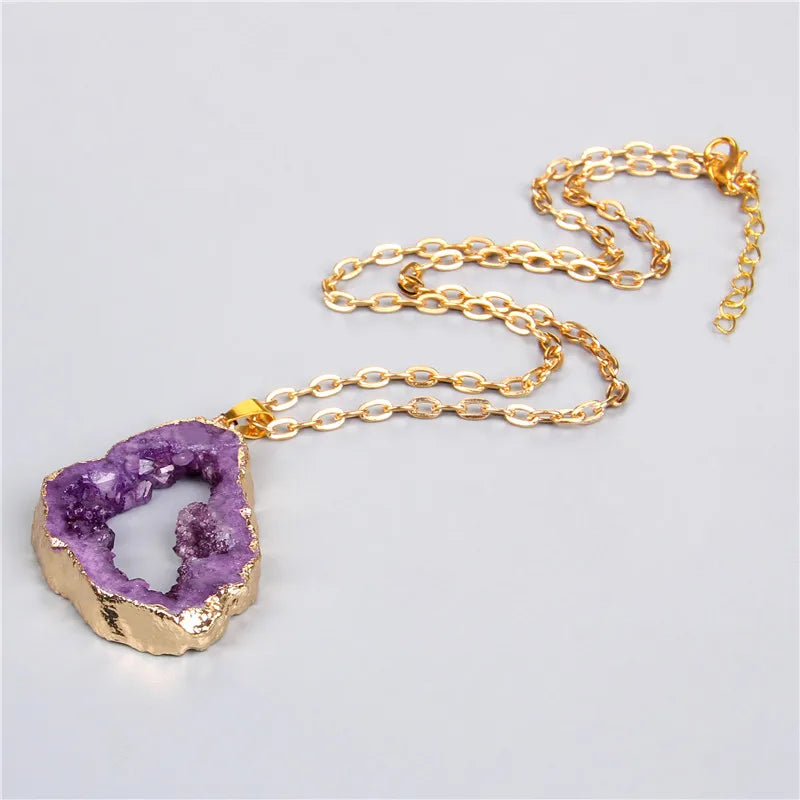Metal chain healing energy necklace for women Dyed Natural crystal agat druzy crystal Minerals gem stone pendant charm necklace