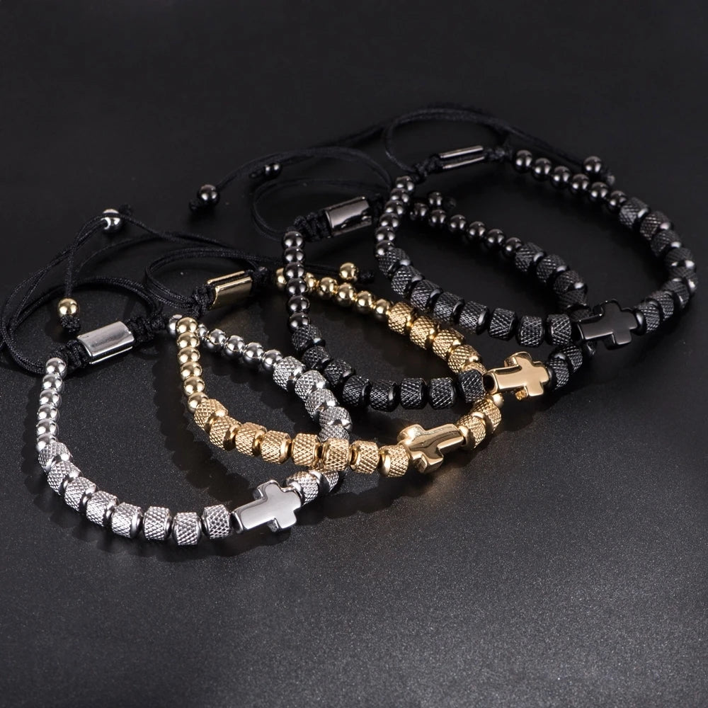 Charm Bracelet Cross Stainless Steel Beaded Bracelets Handmade Men Women'S Prayer Fitness Chain Couple Jewelry