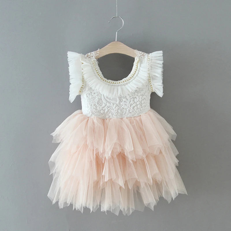 New Girl Dress Kids Flower Princess  Beading Dress for Baby Birthday Kids Flutter Sleeve Cake Dresses Children Clothing Caramel