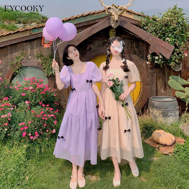 French Square Neck Puff Sleeve Dress Women Mesh Bow Loose Long Summer New Purple Dresses Female
