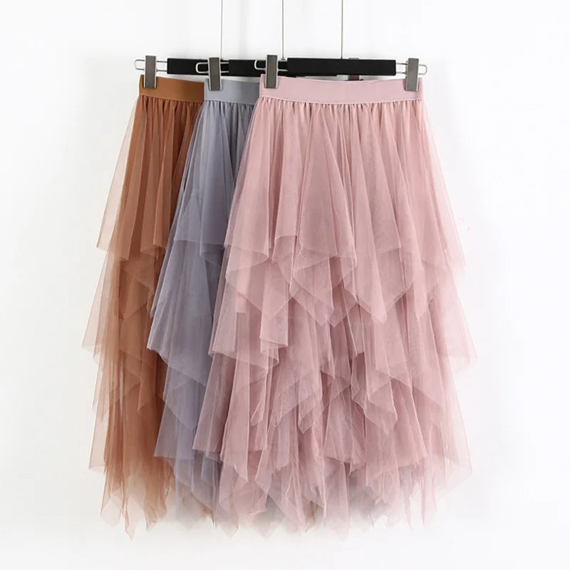 Women irregular Tulle Skirts Fashion Elastic High Waist Mesh Tutu Skirt Pleated Long Skirts Midi Skirt Saias Faldas Jupe Femmle