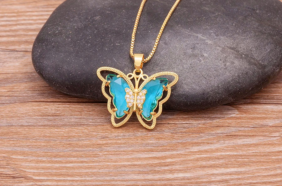 Nidin Top Quality Austrian Crystal Zircon 10 Colors Butterfly Pendant For Women Female Colorful Animal Necklace Jewelry Gifts