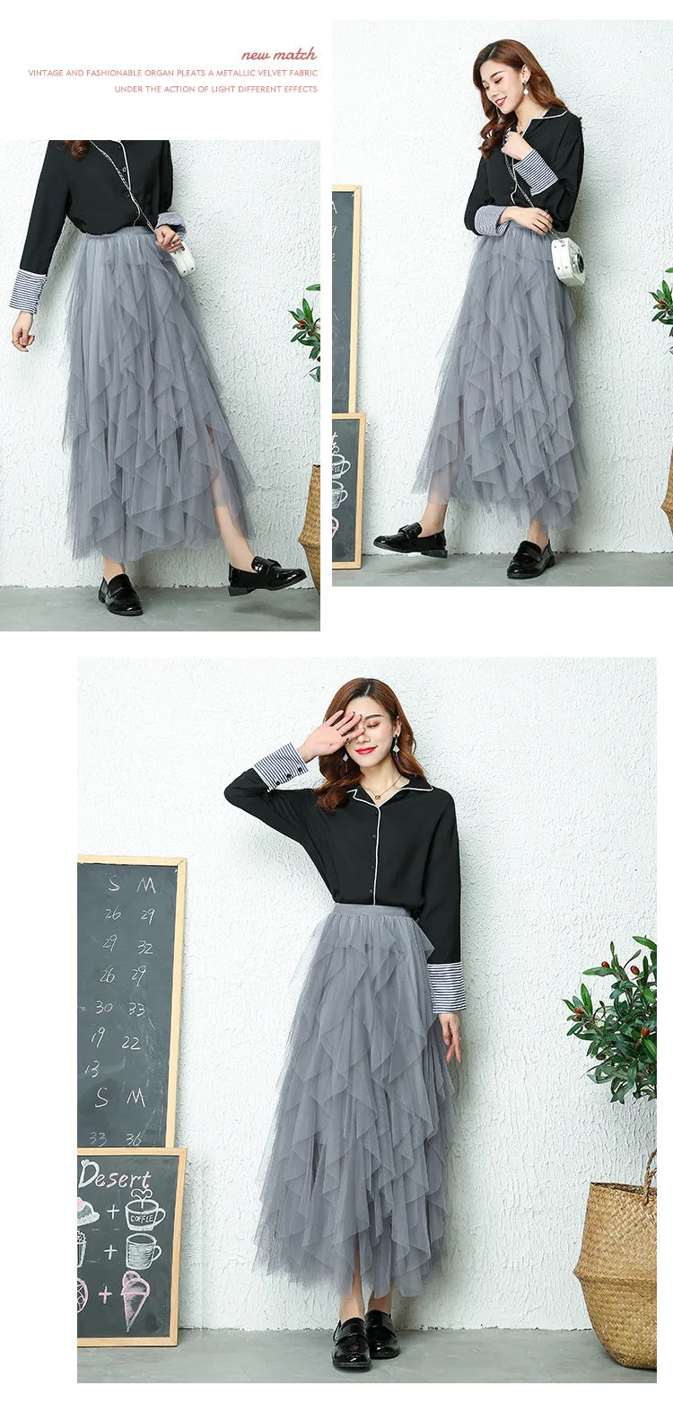 Fashion Tutu Tulle Skirt Women Long Maxi Skirt 2024 Spring Summer Korean Black Pink High Waist Pleated Skirt Female
