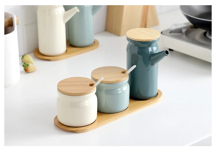 Nordic Ceramic Spice Rack Salt Shaker Pepper Vinegar Oil Bottle Sugar Chili Condiment Box Spices Storage Jar Set Home Kitchen