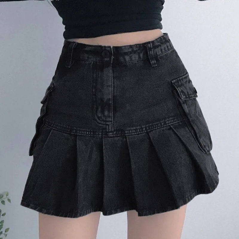 AltGoth Harajuku Y2k Denim Skirt Women Dark Gothic Streetwear Mini Skirt with Skull Belt Mall Goth Punk Grunge Sexy Emo Clubwear
