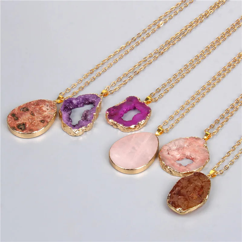 Metal chain healing energy necklace for women Dyed Natural crystal agat druzy crystal Minerals gem stone pendant charm necklace