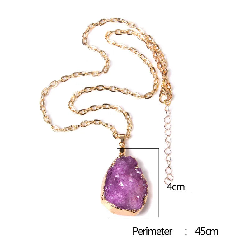 Metal chain healing energy necklace for women Dyed Natural crystal agat druzy crystal Minerals gem stone pendant charm necklace