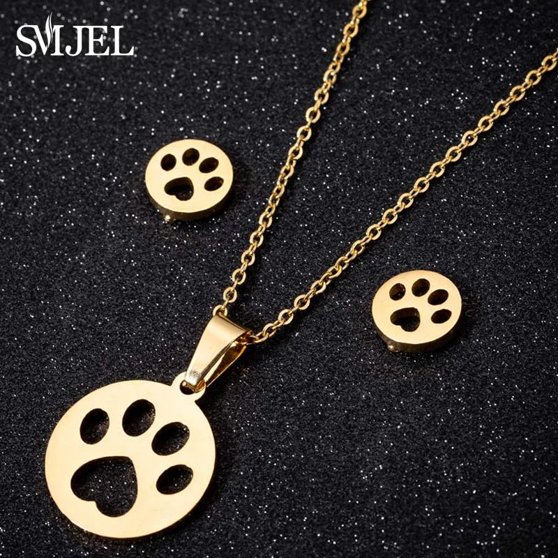 Hermoso juego de joyas de acero inoxidable con forma de gato gatito de color dorado, collares para hombre, collares de moda, pendientes de gato huecos, collar de pata