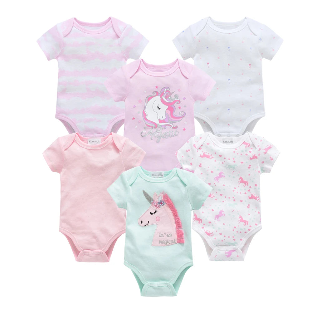 Kavkas Baby Bodysuits Short Sleeve Cotton Cartoon Print - 3-6 Pack