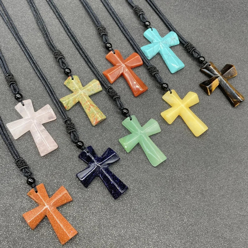 Joya Hand Carved Gemstone Cross Pendant Necklace For Men & Women'S With Adjustable Rope Quartz Crystal Jesus Punk Jewelry