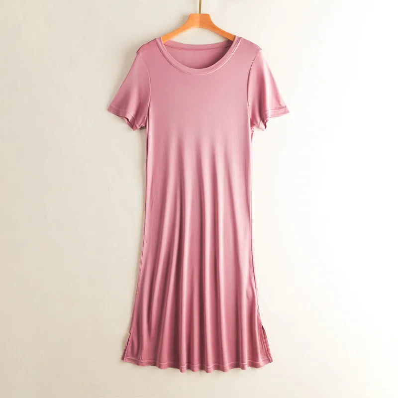 Knitted Silk Dress Solid Color Large Medium Long Mulberry Silk Short Sleeve Round Neck Bottomed Skirt