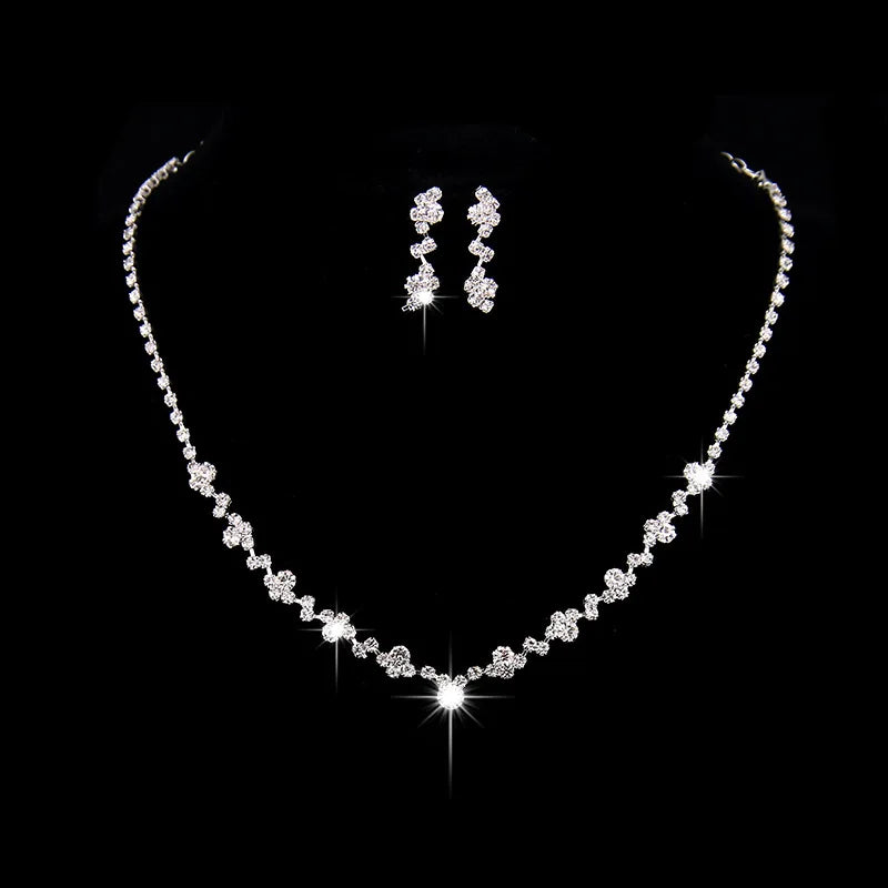 Bridal Jewelry Set Glamorous Crystal Rhinestones Necklace Earrings Silver Plated For Brides