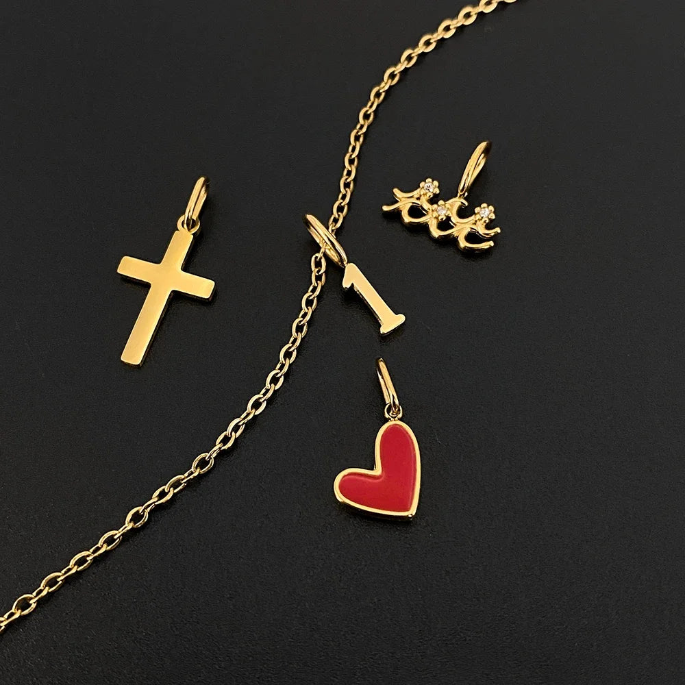 Emanco Gold Color Stainless Steel Necklace Romantic Style Heart Cross Zircon Elements Occasion Trendy Statement Jewelry