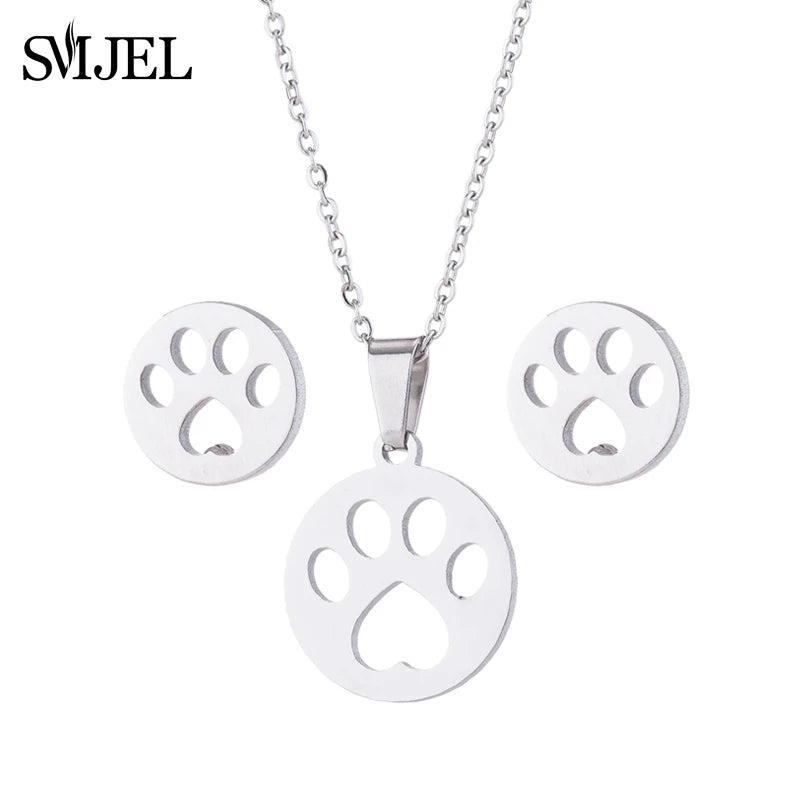 Hermoso juego de joyas de acero inoxidable con forma de gato gatito de color dorado, collares para hombre, collares de moda, pendientes de gato huecos, collar de pata