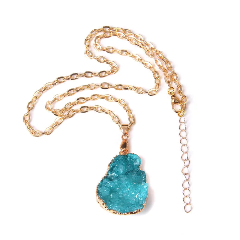 Metal chain healing energy necklace for women Dyed Natural crystal agat druzy crystal Minerals gem stone pendant charm necklace