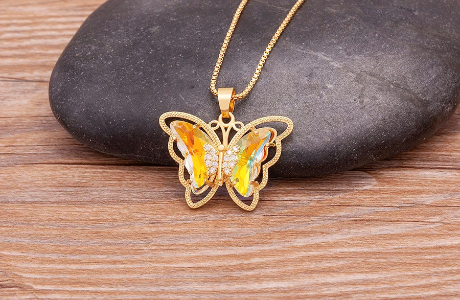Nidin Top Quality Austrian Crystal Zircon 10 Colors Butterfly Pendant For Women Female Colorful Animal Necklace Jewelry Gifts
